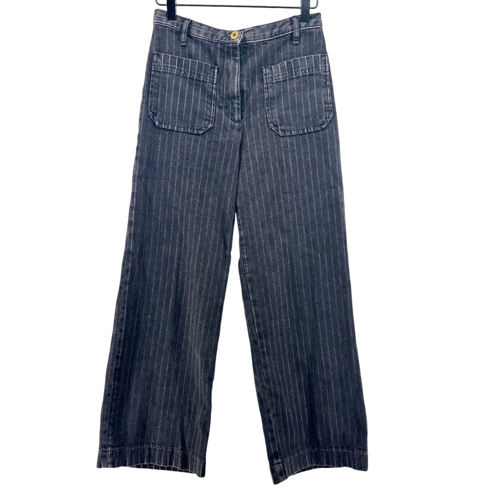 Sessun Aldricks Denim Pant Women FR 34 US 2/4 Black Pinstripe Wide Leg High Rise